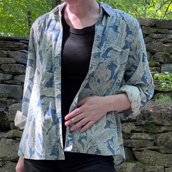 Antropologie Corduroy Paisely Blue and White Pattern Button Down Chore Shirt - Picture 8 of 9